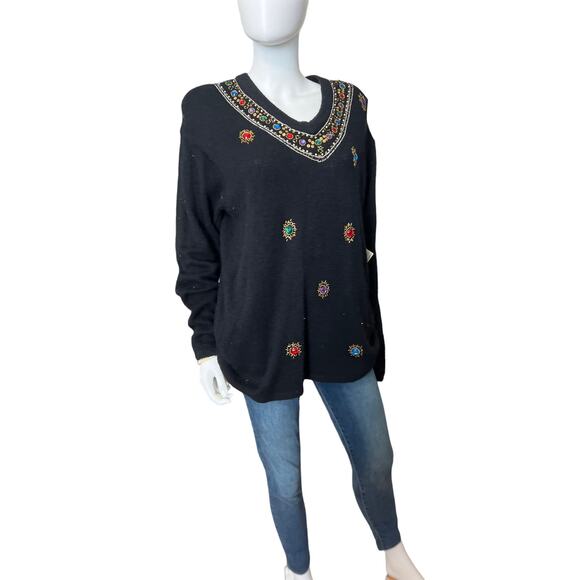 Vintage Black Jeweled Sequin Karen Scott Silk Angora Sweater, L NWT - Picture 1 of 8